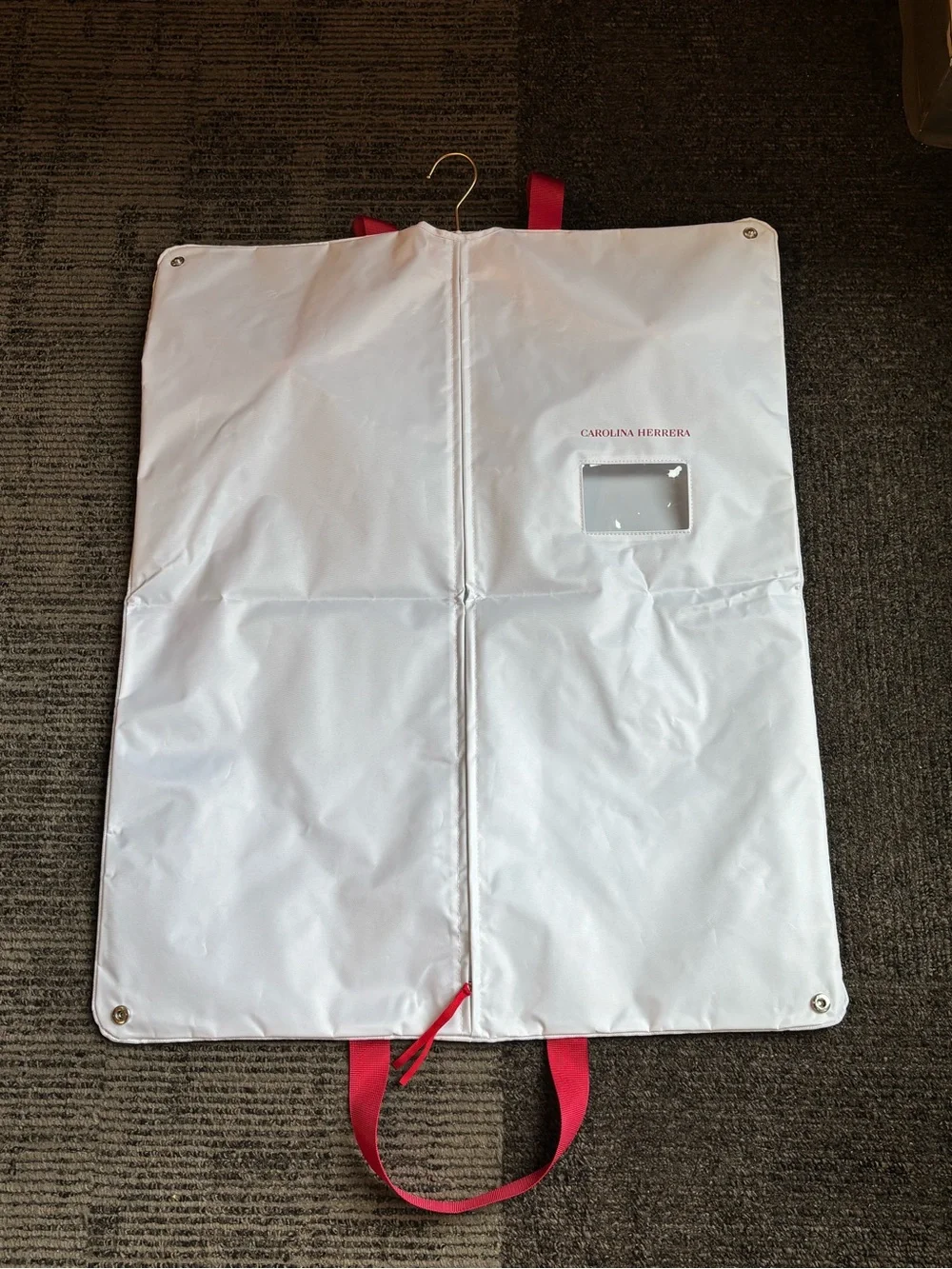 Carolina Herrera White Garment Bag with Pink Strap Accents